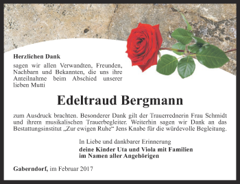 Traueranzeige von Edeltraud Bergmann von Thüringer Allgemeine, Thüringische Landeszeitung