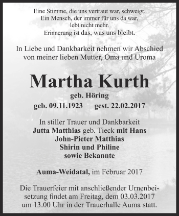 Traueranzeige von Martha Kurth von Ostthüringer Zeitung