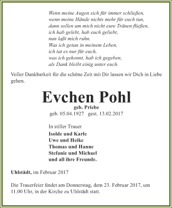 Traueranzeige von Evchen Pohl von Ostthüringer Zeitung