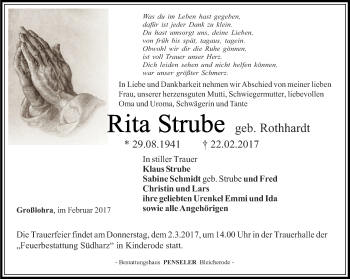 Traueranzeige von Rita Strube von Thüringer Allgemeine