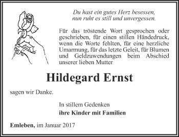 Traueranzeige von Hildegard Ernst von Ostthüringer Zeitung, Thüringische Landeszeitung