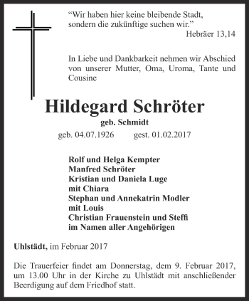 Traueranzeige von Hildegard Schröter von Ostthüringer Zeitung