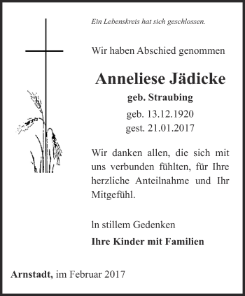 Traueranzeige von Anneliese Jädicke von Thüringer Allgemeine