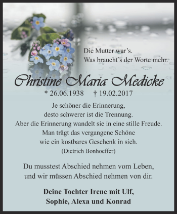 Traueranzeige von Christine Maria Medicke von Ostthüringer Zeitung, Thüringische Landeszeitung