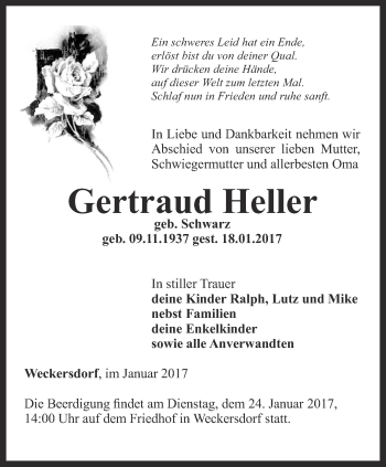 Traueranzeige von Gertraud Heller von Ostthüringer Zeitung