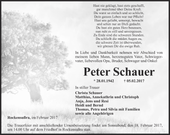 Traueranzeige von Peter Schauer von Thüringer Allgemeine