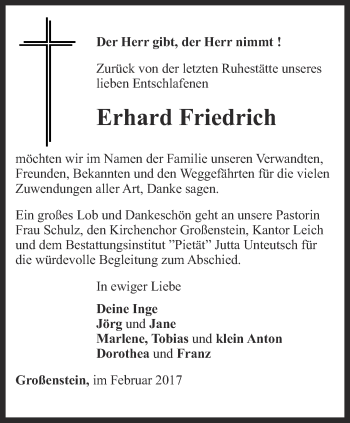 Traueranzeige von Erhard Friedrich von Ostthüringer Zeitung