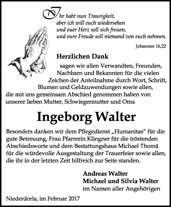 Traueranzeige von Ingeborg Walter von Thüringer Allgemeine, Thüringische Landeszeitung