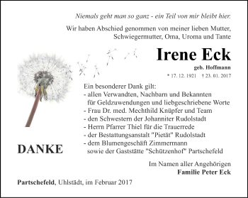 Traueranzeige von Irene Eck von Ostthüringer Zeitung