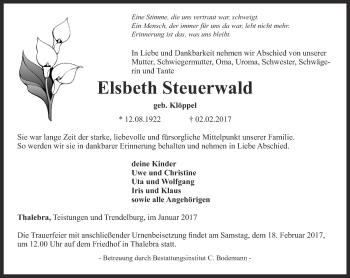 Traueranzeige von Elsbeth Steuerwald von Thüringer Allgemeine