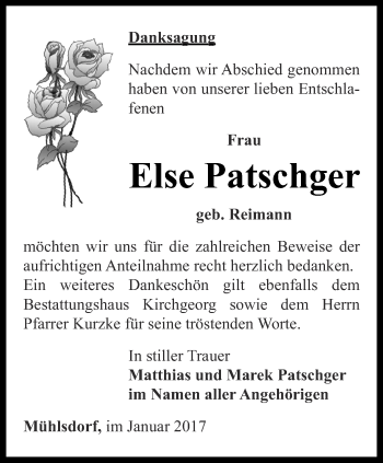 Traueranzeige von Else Patschger von Ostthüringer Zeitung