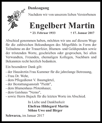 Traueranzeige von Engelbert Martin von Ostthüringer Zeitung