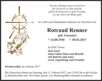 Traueranzeige von Rotraud Renner von Ostthüringer Zeitung, Thüringische Landeszeitung