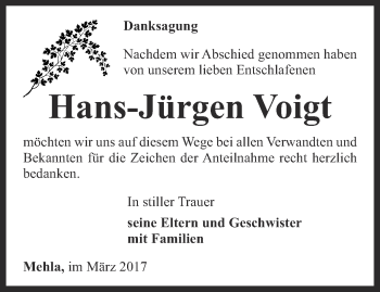 Traueranzeige von Hans-Jürgen Voigt von Ostthüringer Zeitung