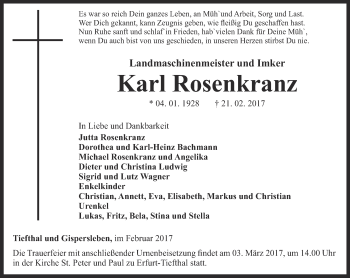 Traueranzeige von Karl Rosenkranz von Ostthüringer Zeitung, Thüringische Landeszeitung