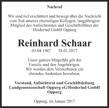 Traueranzeige von Reinhard Schaar von Ostthüringer Zeitung