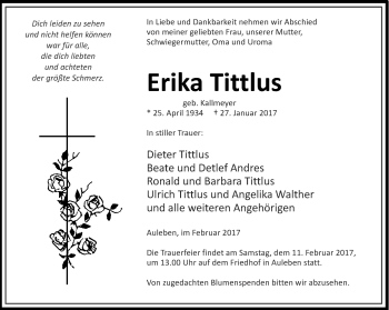 Traueranzeige von Erika Tittlus von Thüringer Allgemeine