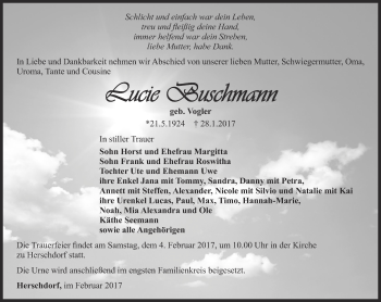 Traueranzeige von Lucie Buschmann von Thüringer Allgemeine