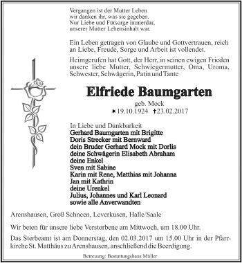 Traueranzeige von Elfriede Baumgarten von Thüringer Allgemeine