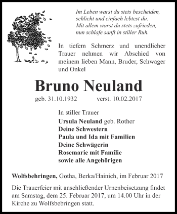 Traueranzeige von Bruno Neuland von Thüringer Allgemeine, Thüringische Landeszeitung