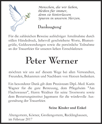 Traueranzeige von Peter Werner von Thüringer Allgemeine, Thüringische Landeszeitung