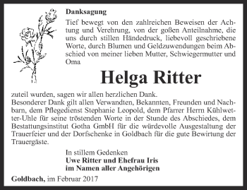 Traueranzeige von Helga Ritter von Ostthüringer Zeitung, Thüringische Landeszeitung