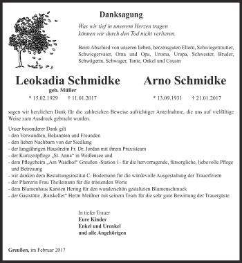 Traueranzeige von Leokadia/Arno Schmidke von Thüringer Allgemeine