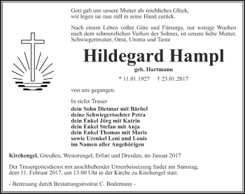 Traueranzeige von Hildegard Hampl von Thüringer Allgemeine