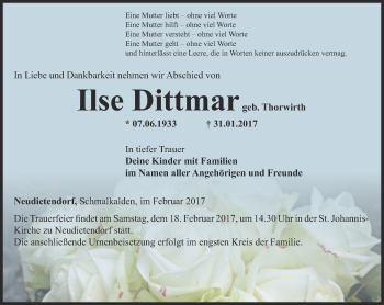 Traueranzeige von Ilse Dittmar von Thüringer Allgemeine, Thüringische Landeszeitung