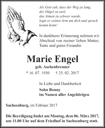 Traueranzeige von Marie Engel von Thüringer Allgemeine