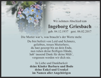 Traueranzeige von Ingeborg Griesbach von Ostthüringer Zeitung