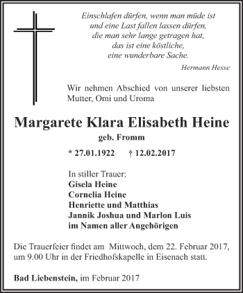 Traueranzeige von Margarete Klara Elisabeth Heine von Thüringer Allgemeine, Thüringische Landeszeitung