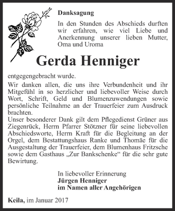 Traueranzeige von Gerda Henniger von Ostthüringer Zeitung