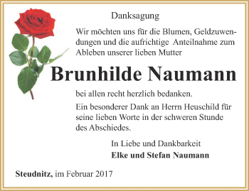 Traueranzeige von Brunhilde Naumann von Ostthüringer Zeitung, Thüringische Landeszeitung