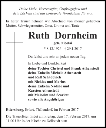 Traueranzeige von Ruth Dornheim von Thüringer Allgemeine, Thüringische Landeszeitung