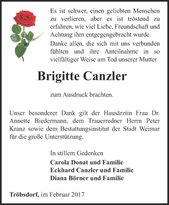 Traueranzeige von Brigitte Canzler von Thüringer Allgemeine, Thüringische Landeszeitung