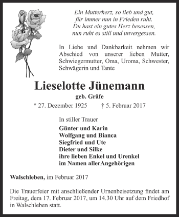 Traueranzeige von Lieselotte Jünemann von Thüringer Allgemeine, Thüringische Landeszeitung