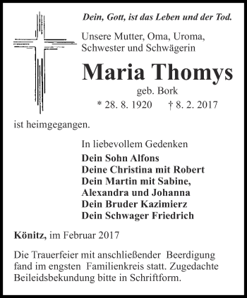 Traueranzeige von Maria Thomys  von Ostthüringer Zeitung