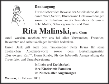 Traueranzeige von Rita Malinski von Thüringer Allgemeine, Thüringische Landeszeitung