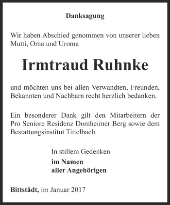 Traueranzeige von Irmtraud Ruhnke von Thüringer Allgemeine