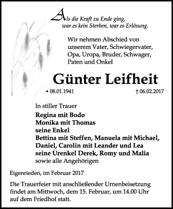 Traueranzeige von Günter Leifheit von Thüringer Allgemeine, Thüringische Landeszeitung