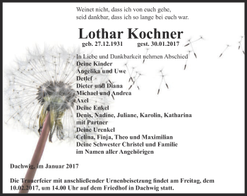 Traueranzeige von Lothar Kochner von Thüringer Allgemeine, Thüringische Landeszeitung