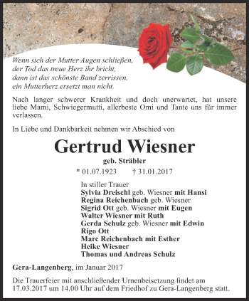 Traueranzeige von Gertrud Wiesner von Ostthüringer Zeitung