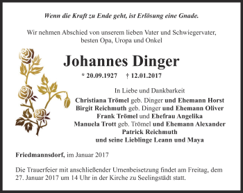 Traueranzeige von Johannes Dinger von Ostthüringer Zeitung