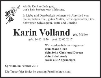 Traueranzeige von Karin Volland von Thüringer Allgemeine