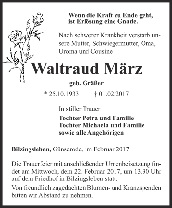 Traueranzeige von Waltraud März von Thüringer Allgemeine