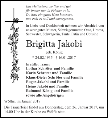 Traueranzeige von Brigitta Jakobi von Ostthüringer Zeitung, Thüringische Landeszeitung