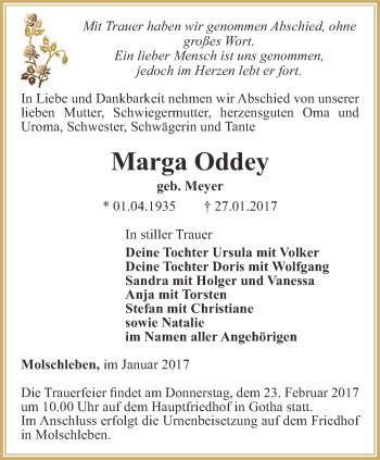 Traueranzeige von Marga Oddey von Ostthüringer Zeitung, Thüringische Landeszeitung