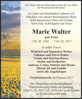 Traueranzeige von Marie Walter von Ostthüringer Zeitung, Thüringische Landeszeitung