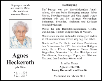 Traueranzeige von Agnes Heckenroth von Thüringer Allgemeine